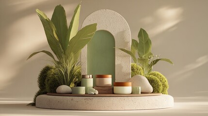 Elegant natural skincare product display with plants and textures for branding.