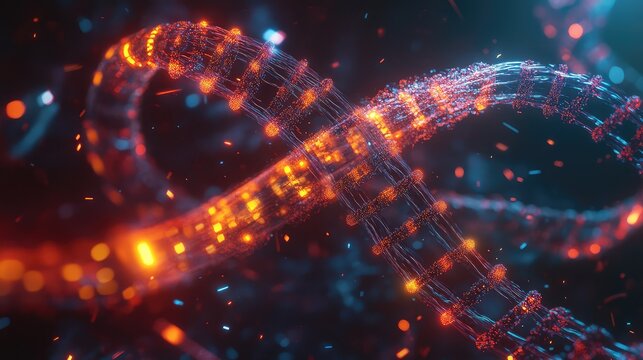 Abstract glowing dna helix structure representing digital data