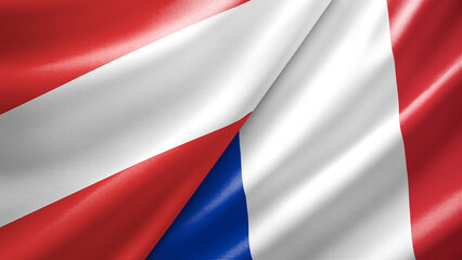 Austria and France two national flags filling the entire frame, close-up view, edge-to-edge composition
