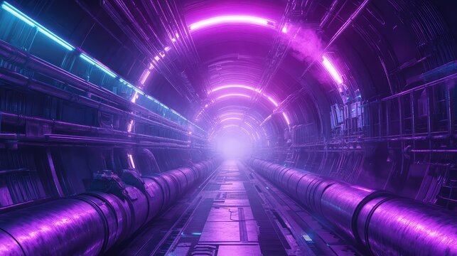 Futuristic cyberpunk industrial tunnel with neon purple light