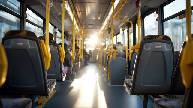 Public transport interior with few masked passengers and bright sunlight through windows.