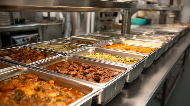 Awesome photo of close up of a long buffet table with various food dishes on display.