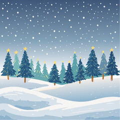 Obraz premium Vector illustration of a majestic, serene snow-covered forest at night, with subtle, distant Christmas lights creating a magical glow.