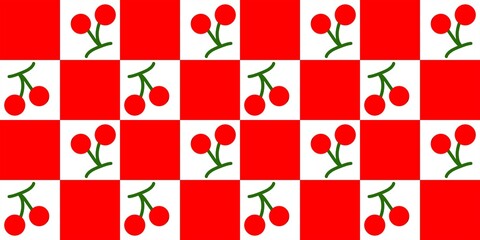 A vibrant red and white checkered pattern featuring cute cherry illustrations, perfect for wallpapers, packaging, fabric designs, and playful decorative themes