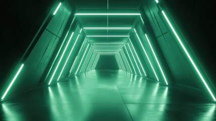 Futuristic green neon light glowing tunnel portal