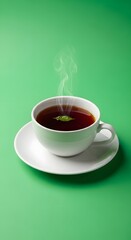 A white ceramic cup filled with hot tea on a matching saucer, with steam rising against a vibrant green background, creating a cozy and inviting atmosphere