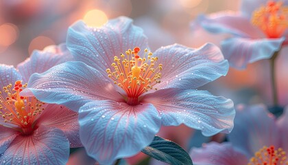Close up of delicate pale pink and blue hibiscus flowers with yellow stamens covered in dew drops with soft bokeh background lighting