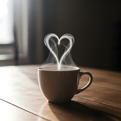 A cozy coffee mug on a wooden table with steam forming a heart shape, creating a warm and inviting atmosphere perfect for relaxation or morning routines