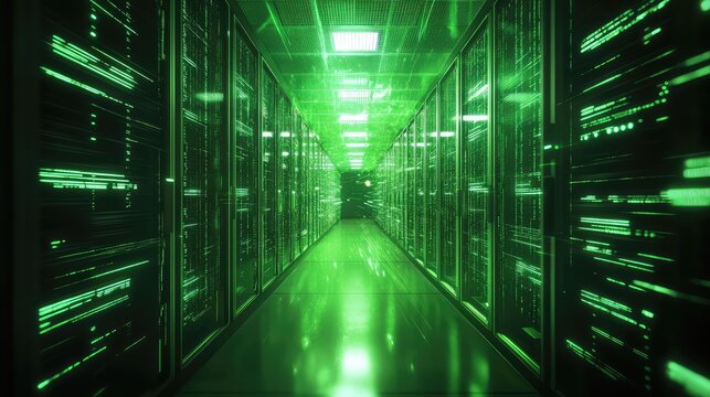 Data center corridor with glowing green digital code flowing