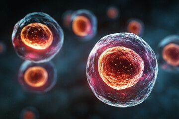 Naklejka premium Microscopic view of glowing organic cells with a vibrant red core and a translucent membrane against a dark background representing biological life and cellular activity