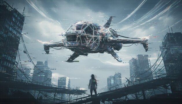 Digital Glitch Effect Spaceship Overlooking Ruined Cityscape At Dusk With A lone Figure Standing In Foreground