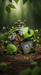 A surreal scene of an antique clock intertwined with lush green leaves and a butterfly in a vibrant forest setting, creating a magical and timeless atmosphere