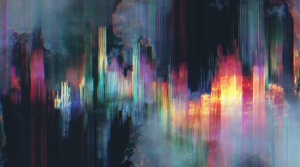 Abstract cityscape glitching with colorful vibrant digital pixels