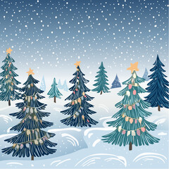 Fototapeta premium Mystical winter nature vector scene. Perfect for seasonal advertising, book covers, or creating a cozy, festive mood.