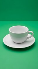 A clean white ceramic cup and saucer set placed on a vibrant green background, perfect for showcasing beverages or product displays