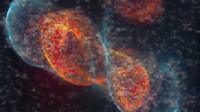 Expanding cosmic nebula with glowing particulate matter and energetic light