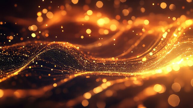 Golden flowing particles creating abstract bokeh light background