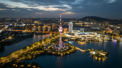 ‌Urban Night View of Qinhu Lake and the TV Tower in Changshu‌