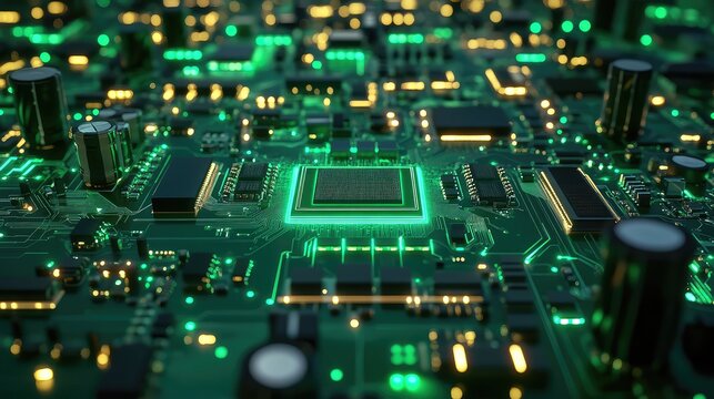 Glowing central processing unit on an electronic circuit board