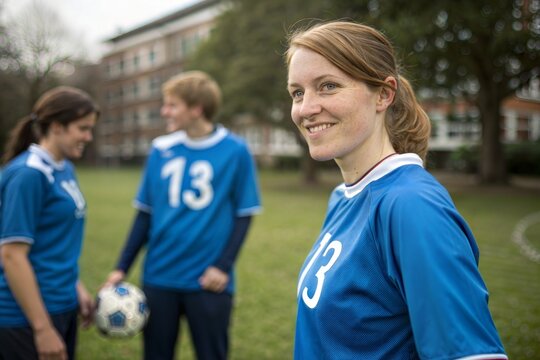 Smiling Female Footballer & Team: Outdoor Soccer Fun, Youth Sport, Active Lifestyle, Fitness & Friendship.