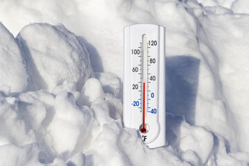 Thermometer showing freezing cold temperature in snow. Winter weather warning, wind chill and freezing temperatures concept.