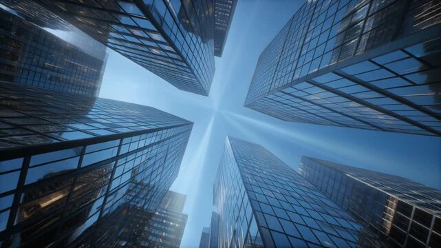 Steel and glass skyscrapers gazing skyward