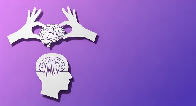 Paper Cutout Brain and Head with Activity on Purple for Mental Health, Alzheimer, autism awareness, stroke, epilepsy, ADHD, seizure disorder, mental health challenges concept. Support