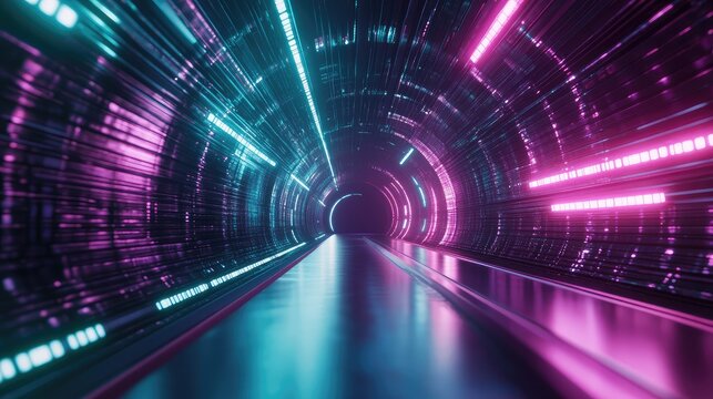 Cyberpunk data tunnel visualizing futuristic light speed connection