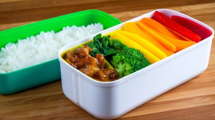 A vibrant bento lunch box showcases a balanced meal with fluffy rice, fresh vegetables, and a sweet fruit selection. Perfect for a nutritious on-the-go lunch at work or school