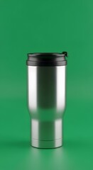 A sleek stainless steel travel mug with a black lid standing upright against a vibrant green background, perfect for beverages on the go and daily commuting