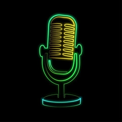 Neon sign with microphone in round frame.