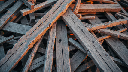 Weathered wooden planks stacked together, showcasing rustic textures and warm tones. arrangement creates interesting visual pattern