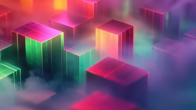 Glowing geometric cubes emerging from colorful fog