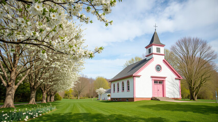 Charming church surrounded by blooming trees and lush green grass, creating serene and peaceful atmosphere