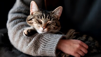 A closeup of a tabby cat resting on a persons arm, with its eyes closed. The cats fur is a mix of brown and black stripes, and its ears are perked up. - Powered by Adobe