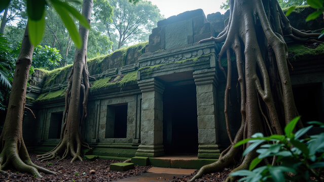 Ancient temple ruins surrounded by lush greenery and large tree roots create mystical atmosphere in this serene jungle setting
