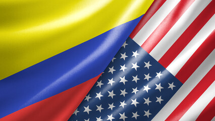 Fototapeta premium Colombia and United States of America two national flags filling the entire frame, close-up view, edge-to-edge composition