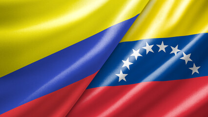 Obraz premium Colombia and Venezuela two national flags filling the entire frame, close-up view, edge-to-edge composition