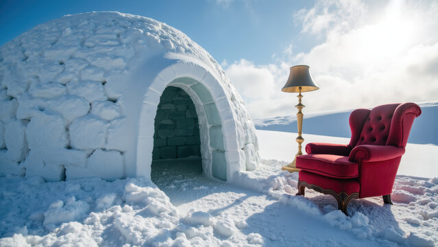 Cozy igloo with red armchair and lamp, surrounded by snow and bright blue sky, creates unique winter scene