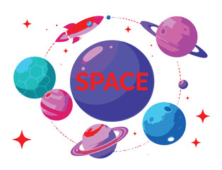 Vibrant illustration of planets, a rocket, and stars encircling the word SPACE, showcasing the wonders of the universe