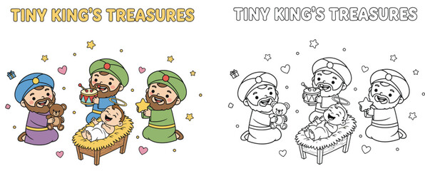Fototapeta premium Tiny King's Treasures Three Wise Men Adoring Baby Jesus with Gifts and Stars Nativity Scene Illustration
