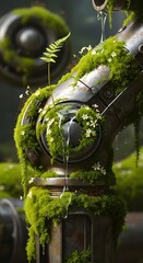 A close-up of an old, rusted speaker covered with lush green moss, small plants, and tiny white flowers, creating a vibrant contrast between nature and technology