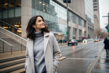 Fototapeta premium Urban Professional Woman Smiling in City. Modern Lifestyle, Confident Metropolitan Walk. Outdoor Business Vision.