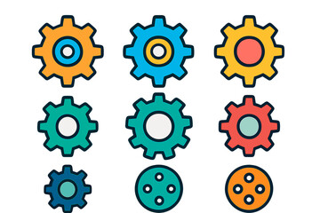 Set of colorful mechanical gear and cogwheel symbols representing settings and technology
