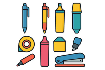 Collection of essential school and office stationery supplies in bright colors