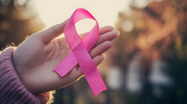 Close up hand gently holding pink ribbon symbol in warm outdoor light for breast cancer awareness theme - Powered by Adobe