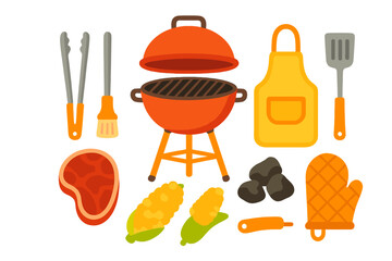 Essential barbecue and grilling tools set with charcoal grill meat corn and cooking accessories