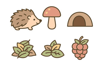 Cute autumn forest elements set including hedgehog mushroom leaves and berries