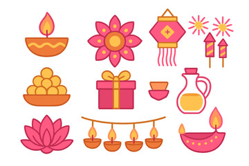 Colorful set of Hindu Diwali festival symbols featuring oil lamps, sweets, and gifts