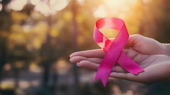 Close up hand gently holding pink ribbon symbol in warm outdoor light for breast cancer awareness theme - Powered by Adobe